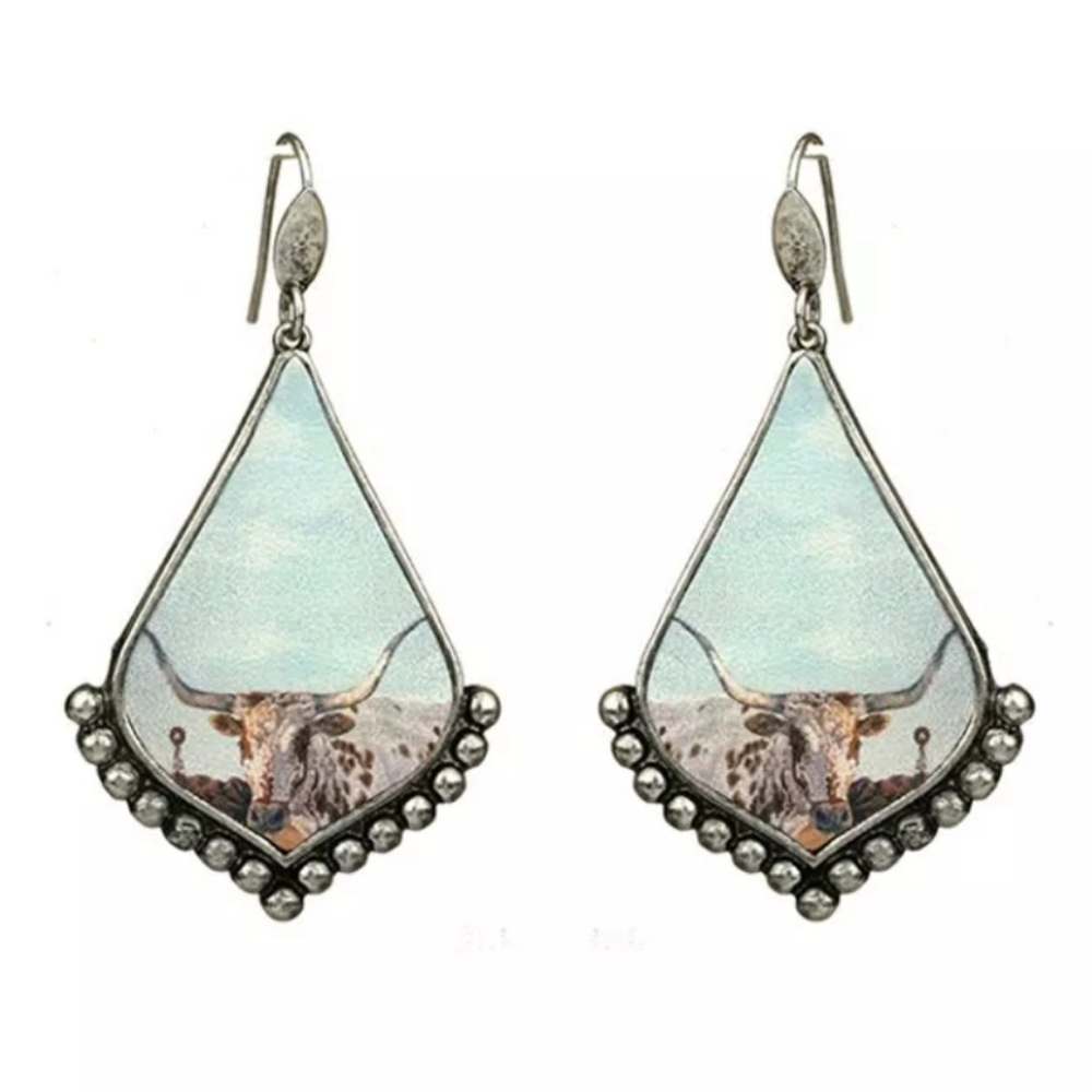 Longhorn Earrings Windmill Western Country Cowgirl Cowboy Cow Vaquera Cattle - Picture 9 of 9